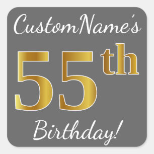 Grey, Faux Gold 55th Birthday + Custom Name Square Sticker