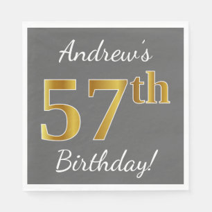 Grey, Faux Gold 57th Birthday + Custom Name Napkin