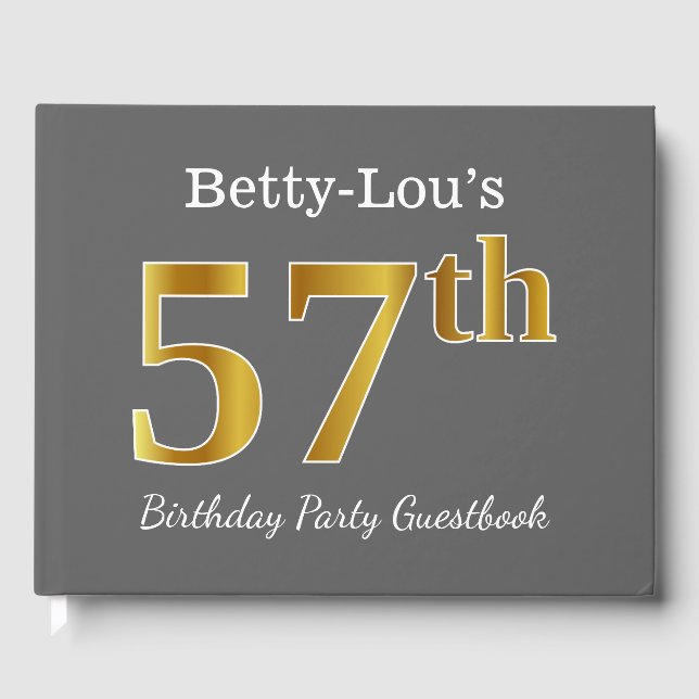 Grey, Faux Gold 57th Birthday Party + Custom Name Guest Book (Front)