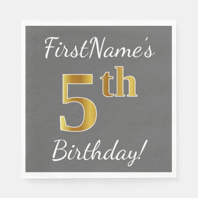 Grey, Faux Gold 5th Birthday + Custom Name Napkin (Front)