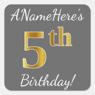 Grey, Faux Gold 5th Birthday + Custom Name Sticker