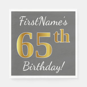 Grey, Faux Gold 65th Birthday + Custom Name Napkin