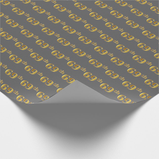 Grey, Faux Gold 69th (Sixty-Ninth) Event Wrapping Paper (Corner)