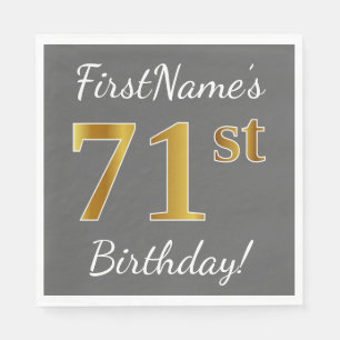 Grey, Faux Gold 71st Birthday + Custom Name Napkin