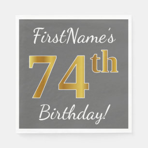 Grey, Faux Gold 74th Birthday + Custom Name Napkin