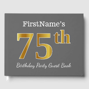 Grey, Faux Gold 75th Birthday Party + Custom Name Guest Book