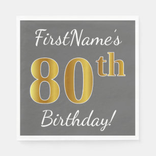Grey, Faux Gold 80th Birthday + Custom Name Napkin