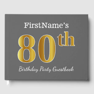 Grey, Faux Gold 80th Birthday Party + Custom Name Guest Book