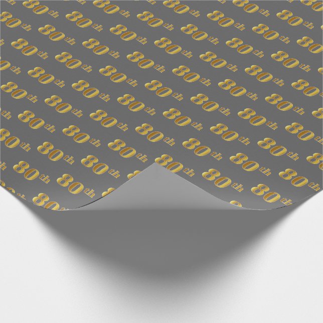 Grey, Faux Gold 80th (Eightieth) Event Wrapping Paper (Corner)