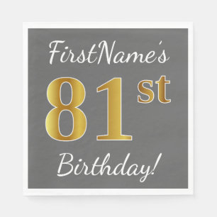 Grey, Faux Gold 81st Birthday + Custom Name Napkin