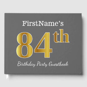 Grey, Faux Gold 84th Birthday Party + Custom Name Guest Book