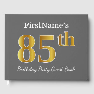 Grey, Faux Gold 85th Birthday Party + Custom Name Guest Book