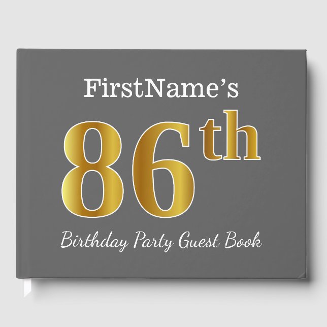 Grey, Faux Gold 86th Birthday Party + Custom Name Guest Book (Front)