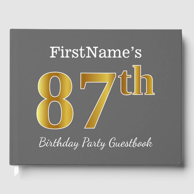 Grey, Faux Gold 87th Birthday Party + Custom Name Guest Book (Front)