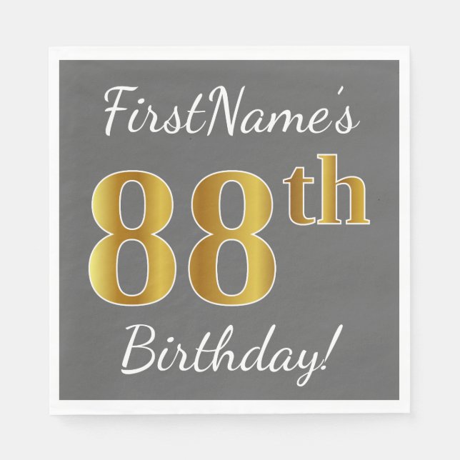 Grey, Faux Gold 88th Birthday + Custom Name Napkin (Front)