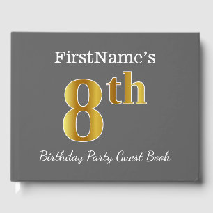 Grey, Faux Gold 8th Birthday Party + Custom Name Guest Book