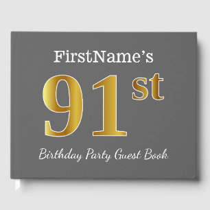 Grey, Faux Gold 91st Birthday Party + Custom Name Guest Book