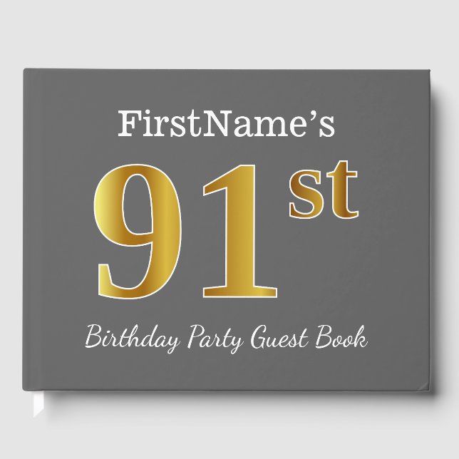 Grey, Faux Gold 91st Birthday Party + Custom Name Guest Book (Front)