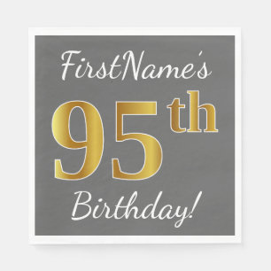 Grey, Faux Gold 95th Birthday + Custom Name Napkin