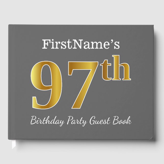 Grey, Faux Gold 97th Birthday Party + Custom Name Guest Book (Front)