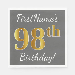 Grey, Faux Gold 98th Birthday + Custom Name Napkin