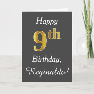 Grey, Faux Gold 9th Birthday + Custom Name Card