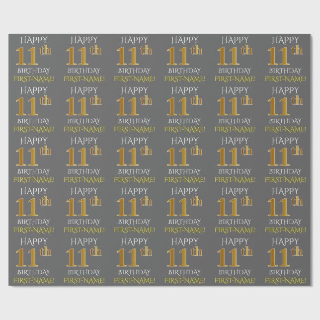 Grey, Faux Gold "HAPPY 11th BIRTHDAY" Wrapping Paper (Flat)