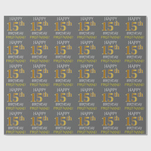 Grey, Faux Gold "HAPPY 15th BIRTHDAY" Wrapping Paper