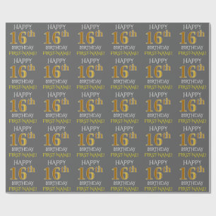 Grey, Faux Gold "HAPPY 16th BIRTHDAY" Wrapping Paper