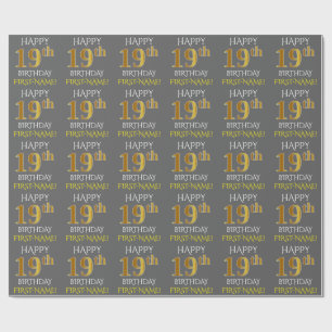 Grey, Faux Gold "HAPPY 19th BIRTHDAY" Wrapping Paper