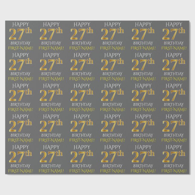 Grey, Faux Gold "HAPPY 27th BIRTHDAY" Wrapping Paper (Flat)