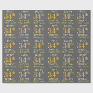 Grey, Faux Gold "HAPPY 34th BIRTHDAY" Wrapping Paper