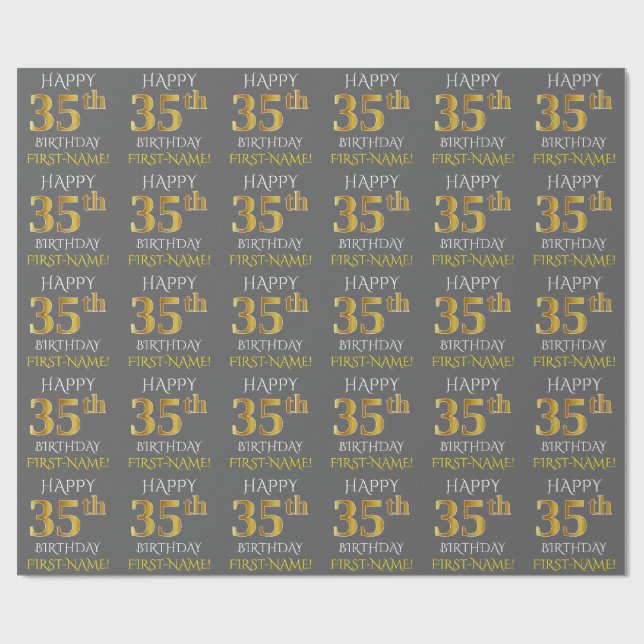 Grey, Faux Gold "HAPPY 35th BIRTHDAY" Wrapping Paper (Flat)