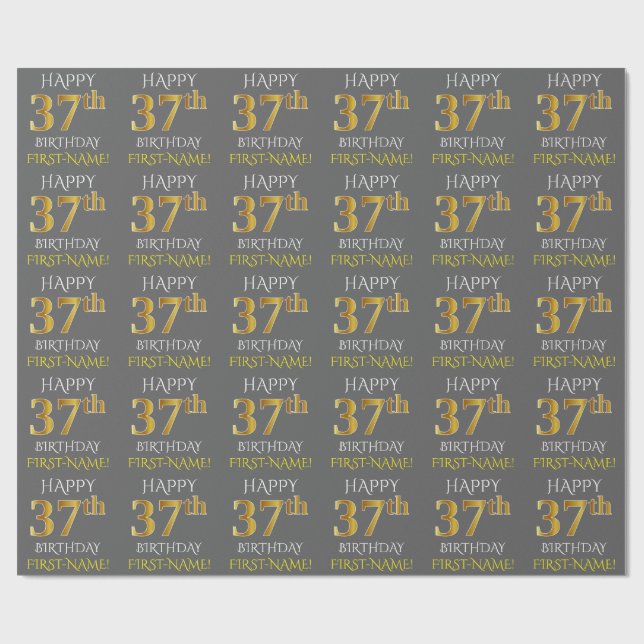 Grey, Faux Gold "HAPPY 37th BIRTHDAY" Wrapping Paper (Flat)