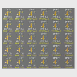 Grey, Faux Gold "HAPPY 4th BIRTHDAY" Wrapping Paper