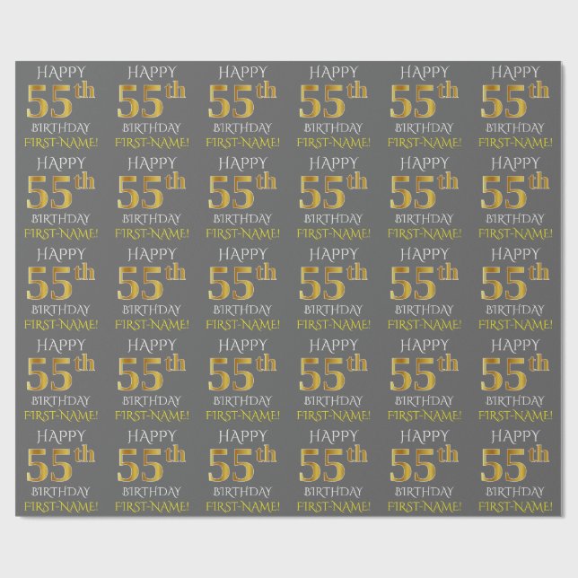 Grey, Faux Gold "HAPPY 55th BIRTHDAY" Wrapping Paper (Flat)