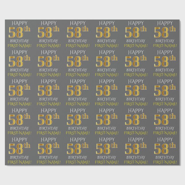 Grey, Faux Gold "HAPPY 58th BIRTHDAY" Wrapping Paper (Flat)