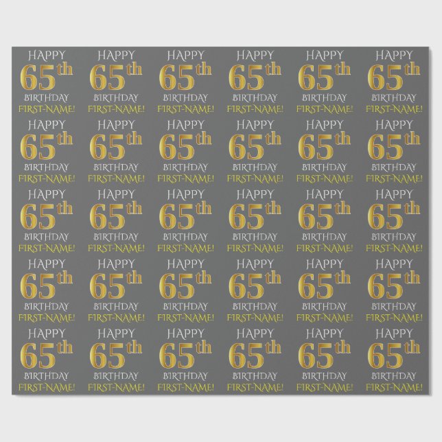 Grey, Faux Gold "HAPPY 65th BIRTHDAY" Wrapping Paper (Flat)