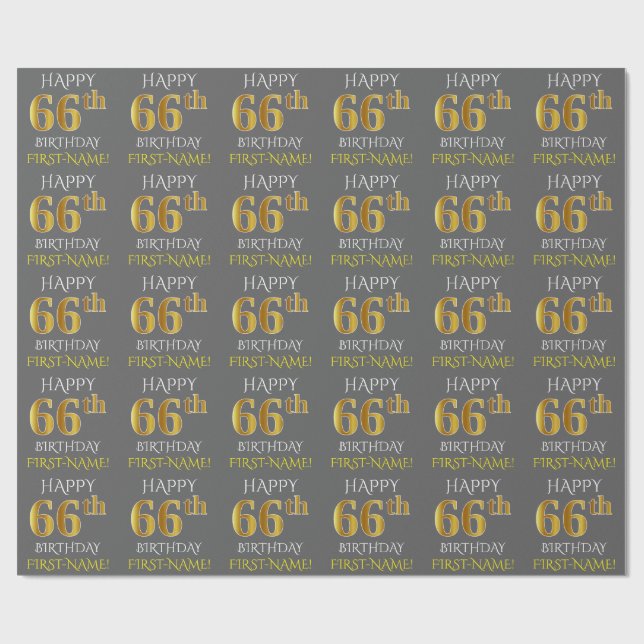 Grey, Faux Gold "HAPPY 66th BIRTHDAY" Wrapping Paper (Flat)