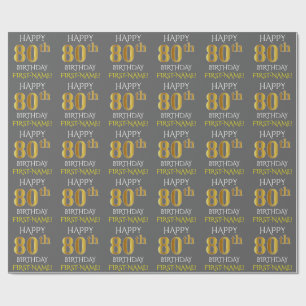 Grey, Faux Gold "HAPPY 80th BIRTHDAY" Wrapping Paper