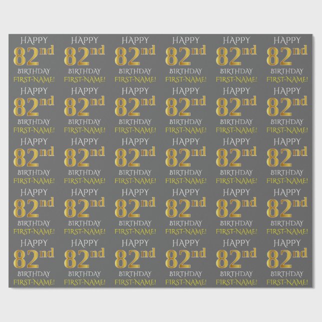 Grey, Faux Gold "HAPPY 82nd BIRTHDAY" Wrapping Paper (Flat)