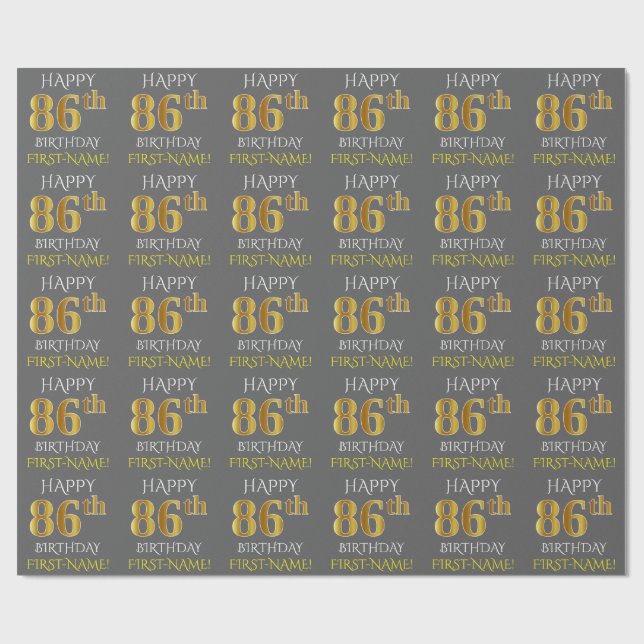 Grey, Faux Gold "HAPPY 86th BIRTHDAY" Wrapping Paper (Flat)
