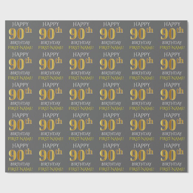 Grey, Faux Gold "HAPPY 90th BIRTHDAY" Wrapping Paper (Flat)