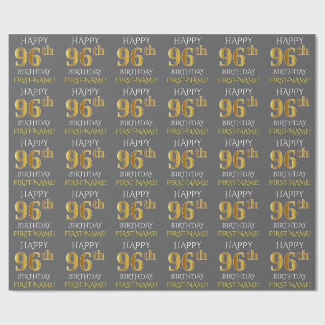 Grey, Faux Gold "HAPPY 96th BIRTHDAY" Wrapping Paper (Flat)