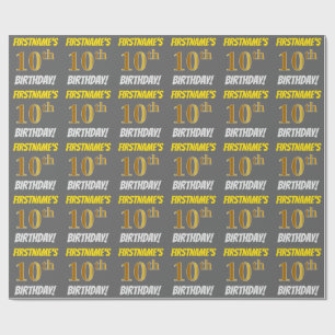 Grey, Faux/Imitation Gold, "10th BIRTHDAY" Wrapping Paper