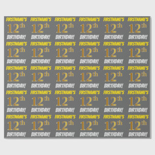 Grey, Faux/Imitation Gold, "12th BIRTHDAY" Wrapping Paper
