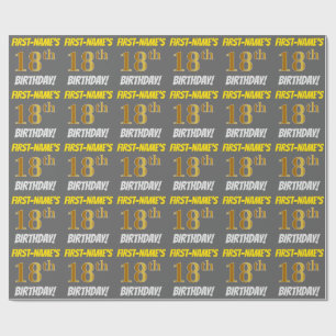 Grey, Faux/Imitation Gold, "18th BIRTHDAY" Wrapping Paper