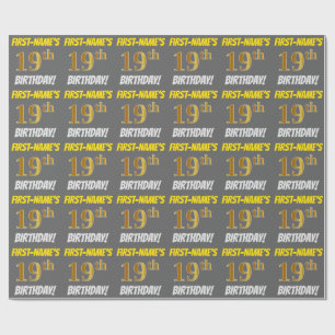 Grey, Faux/Imitation Gold, "19th BIRTHDAY" Wrapping Paper