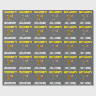 Grey, Faux/Imitation Gold, "1st BIRTHDAY" Wrapping Paper