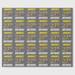Grey, Faux/Imitation Gold, "27th BIRTHDAY" Wrapping Paper